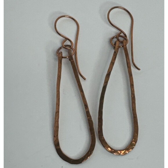 Handmade Oblong Hammered Copper Earrings With Copper French Hooks Minimalist - Picture 1 of 6